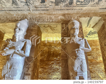 Interior decoration and statues in the Abu Simbel temple, a landmark in Nubia built by King Ramesses II, Egypt. 140159797