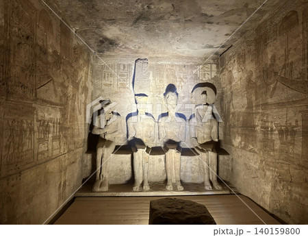 Interior decoration and statues in the Abu Simbel temple, a landmark in Nubia built by King Ramesses II, Egypt. 140159800