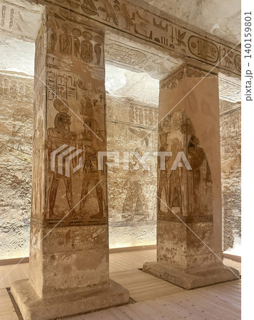 Interior decoration and statues in the Abu Simbel temple, a landmark in Nubia built by King Ramesses II, Egypt. Interior decoration and statues in the Abu Simbel temple, a landmark in Nubia built by King Ramesses II, Egypt. 140159801
