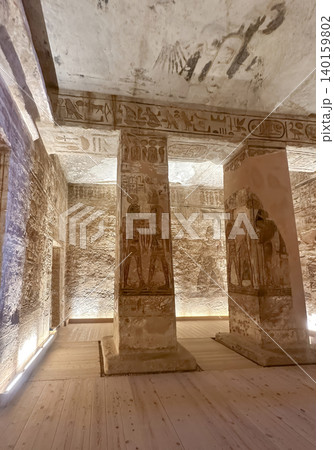 Interior decoration and statues in the Abu Simbel temple, a landmark in Nubia built by King Ramesses II, Egypt. Interior decoration and statues in the Abu Simbel temple, a landmark in Nubia built by King Ramesses II, Egypt. 140159802