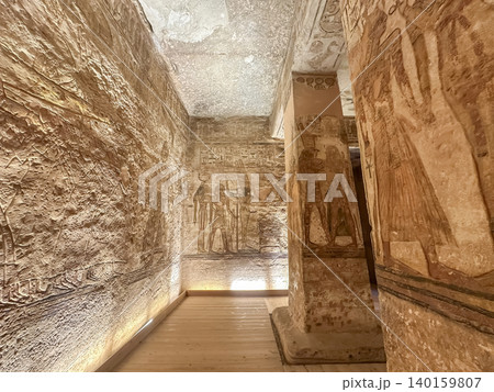 Interior decoration and statues in the Abu Simbel temple, a landmark in Nubia built by King Ramesses II, Egypt. 140159807