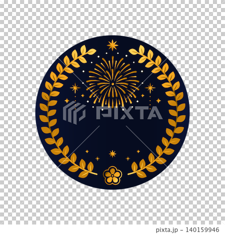 Gold laurel wreath and fireworks circular frame, navy background, celebratory vector material. Gold laurel wreath and fireworks circular frame, navy background, celebratory vector material. 140159946