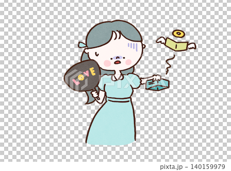 推しうちわと空の財布を持ち困った表情の女性(推し活貧乏・金欠) 推しうちわと空の財布を持ち困った表情の女性(推し活貧乏・金欠) 140159979