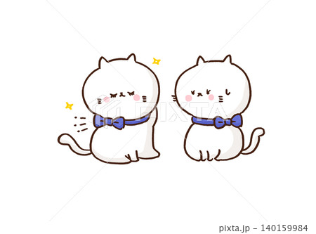 同じ青いリボンをつけて自信満々な猫に戸惑う猫（コピーキャット・真似） 140159984