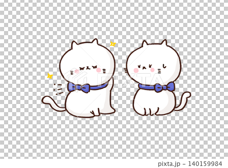同じ青いリボンをつけて自信満々な猫に戸惑う猫（コピーキャット・真似） 140159984