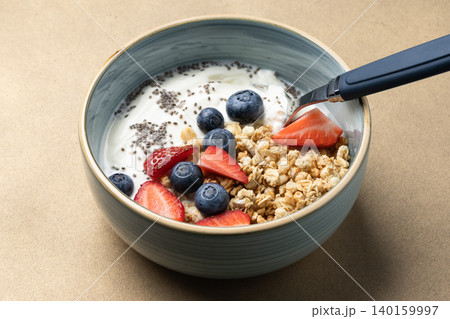 Healthy breakfast with yogurt berries granola Healthy breakfast with yogurt berries granola 140159997