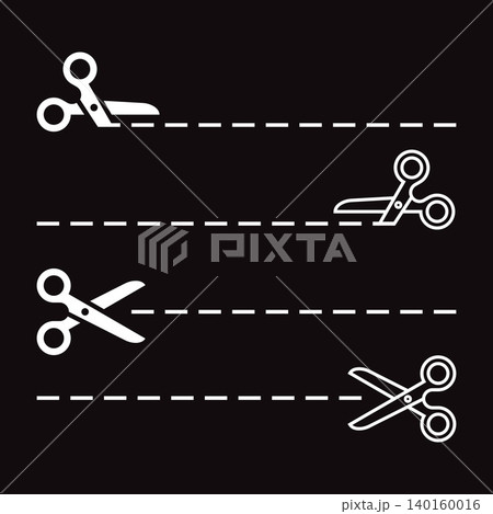 Scissors with cut lines icon set. Scissors cutting signs. Scissors with cut lines icon set. Scissors cutting signs. 140160016