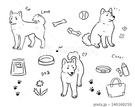 柴犬の線画イラスト素材集 　さまざまなポーズとドッグフードなどペット用品の手描きセット 140160250