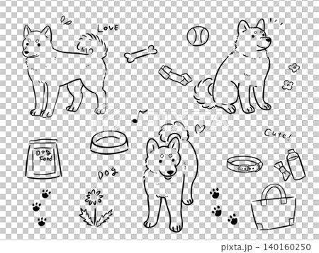 A collection of line art illustrations of Shiba Inu dogs, featuring various poses and hand-drawn images of pet supplies such as dog food. 140160250