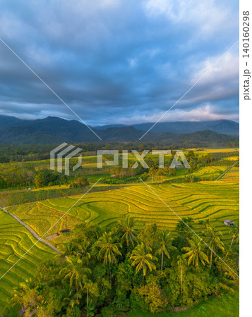 Beautiful morning view in Indonesia, panoramic landscape of rice fields with mountain ranges and clear sky Beautiful morning view in Indonesia, panoramic landscape of rice fields with mountain ranges and clear sky 140160298