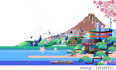 富士山と桜、日本の名所や伝統的なランドマークを表現した日本の観光・旅行ベクターイラスト(コピースペー 富士山と桜、日本の名所や伝統的なランドマークを表現した日本の観光・旅行ベクターイラスト(コピースペー 140160333