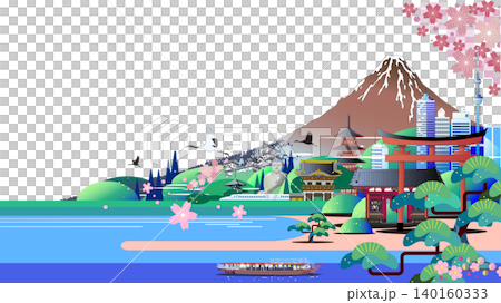 Vector illustrations of Mount Fuji and cherry blossoms, depicting famous Japanese landmarks and traditional scenery (copy space) Vector illustrations of Mount Fuji and cherry blossoms, depicting famous Japanese landmarks and traditional scenery (copy space) 140160333