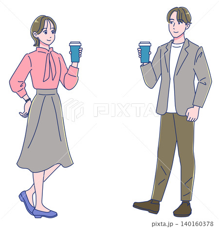 飲み物を片手に笑顔で話す会社員男女 飲み物を片手に笑顔で話す会社員男女 140160378
