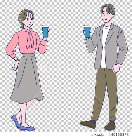 飲み物を片手に笑顔で話す会社員男女 飲み物を片手に笑顔で話す会社員男女 140160378