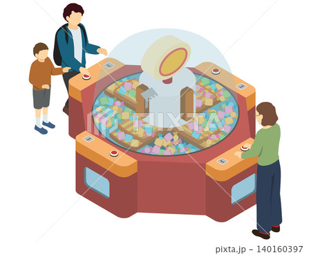 アイソメトリックイラスト:お菓子の回転クレーンゲームで遊ぶ人たち アイソメトリックイラスト:お菓子の回転クレーンゲームで遊ぶ人たち 140160397
