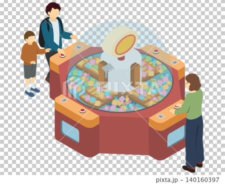 アイソメトリックイラスト:お菓子の回転クレーンゲームで遊ぶ人たち アイソメトリックイラスト:お菓子の回転クレーンゲームで遊ぶ人たち 140160397