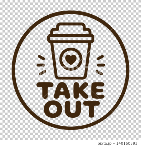 TAKE OUTロゴとコーヒーカップを組み合わせたテイクアウト案内バッジ 140160593