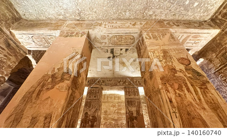 Interior decoration and statues in the Abu Simbel temple, a landmark in Nubia built by King Ramesses II, Egypt. Interior decoration and statues in the Abu Simbel temple, a landmark in Nubia built by King Ramesses II, Egypt. 140160740