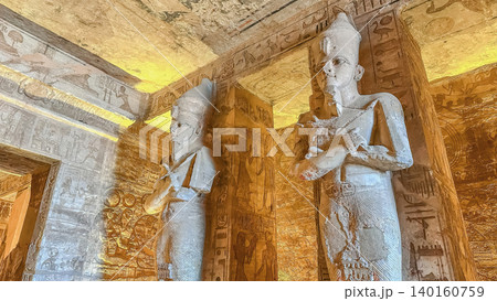 Interior decoration and statues in the Abu Simbel temple, a landmark in Nubia built by King Ramesses II, Egypt. Interior decoration and statues in the Abu Simbel temple, a landmark in Nubia built by King Ramesses II, Egypt. 140160759