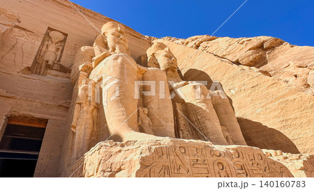 Abu Simbel, a cliff on the west bank of the Nile, in which two ancient Egyptian temples of Ramesses II are carved, Egypt. 140160783