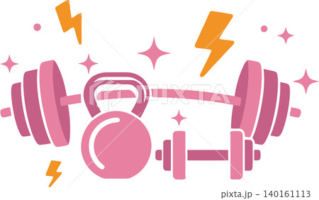 Pink Dumbbells and Kettlebell Fitness Workout Illustration	 140161113