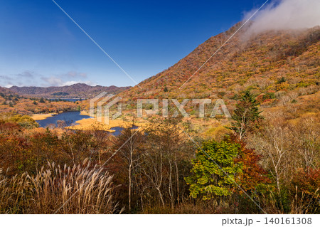 赤城山・鳥居峠から見る紅葉の駒ヶ岳と覚満淵・大沼 赤城山・鳥居峠から見る紅葉の駒ヶ岳と覚満淵・大沼 140161308