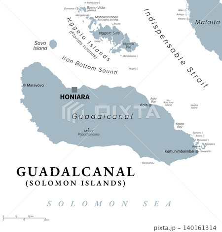 Guadalcanal, principal and largest island of the Solomon Islands, gray political map, Located in the Solomon Sea, and in the southwestern Pacific Ocean, with the capital Honiara. Illustration. Vector 140161314