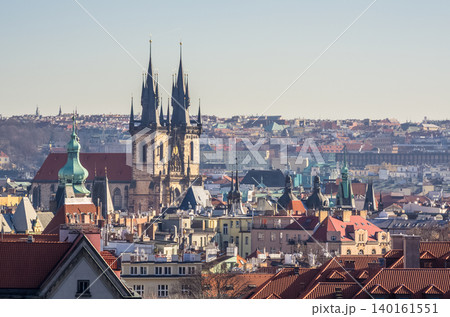 Church of Our Lady before Tyn Gothic spires rising above Prague Old Town rooftops in winter, Czech Republic Church of Our Lady before Tyn Gothic spires rising above Prague Old Town rooftops in winter, Czech Republic 140161551