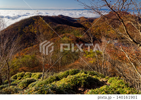 紅葉の赤城山・黒檜山稜線から見る雲海と小沼 140161901