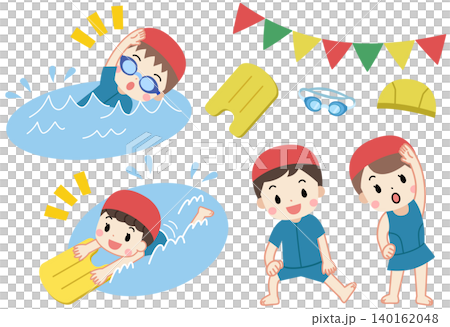 スイミング・プールで泳ぐ子供たちのイラストセット 140162048