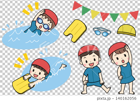 スイミング・プールで泳ぐ子供たちのイラストセット スイミング・プールで泳ぐ子供たちのイラストセット 140162056