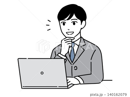 パソコンを見て情報を見つけるスーツ姿の若い男性のイラスト　モノトーン 140162079