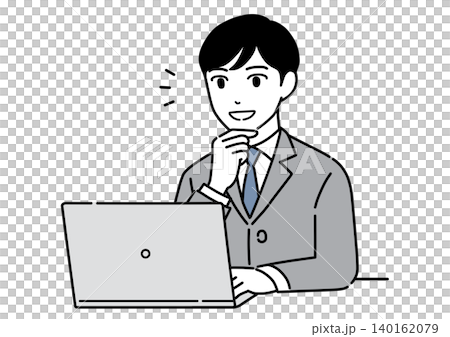 パソコンを見て情報を見つけるスーツ姿の若い男性のイラスト　モノトーン 140162079