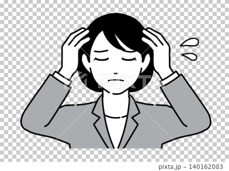 A monochrome illustration of a young woman in a suit holding her head in distress. 140162083
