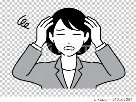 A monochrome illustration of a young woman in a suit holding her head in worry. A monochrome illustration of a young woman in a suit holding her head in worry. 140162084