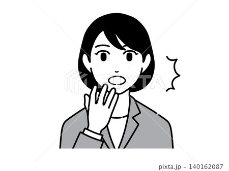 手を口に当ててびっくりするスーツ姿の若い女性のイラスト　モノトーン 140162087