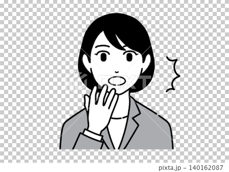 手を口に当ててびっくりするスーツ姿の若い女性のイラスト　モノトーン 140162087