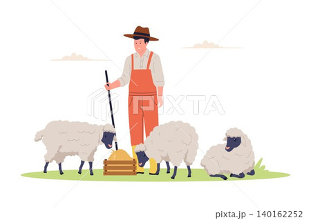 Illustration of Shepherd Feeding Flock of Sheep in Meadow Illustration of Shepherd Feeding Flock of Sheep in Meadow 140162252