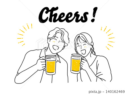 ビールで乾杯をする男女の線画イラスト素材 ベクター 白背景 ビールで乾杯をする男女の線画イラスト素材 ベクター 白背景 140162469