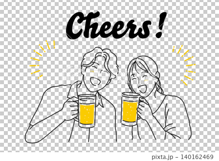 ビールで乾杯をする男女の線画イラスト素材 ベクター 白背景 ビールで乾杯をする男女の線画イラスト素材 ベクター 白背景 140162469