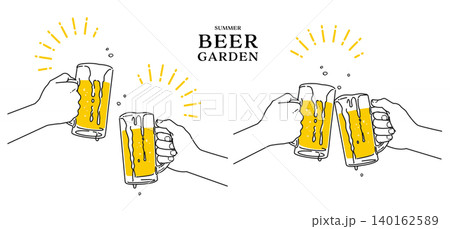 ビールで乾杯をしている手の線画イラスト素材セット ジョッキ  白背景 ベクター 140162589