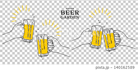 ビールで乾杯をしている手の線画イラスト素材セット ジョッキ  白背景 ベクター 140162589