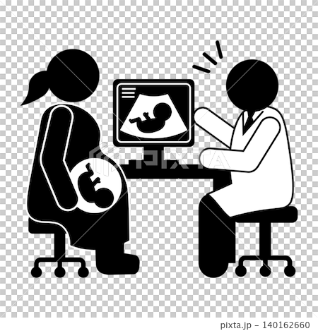 医師がモニターで超音波画像を説明する妊婦健診のシルエット 140162660