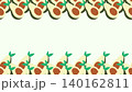 Empty horizontal banner with rows of juicy, delicious avocados with large pits and green leaves at top and bottom of the image. Vector banner for fruit and vegetable fair 140162811