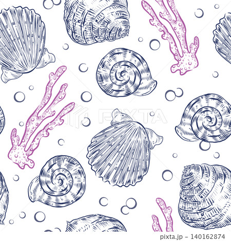 A seamless pattern with hand-drawn scallop and nautilus shells and coral. A marine graphic background with marine life elements. Illustration for textile, wallpaper, stationery, and paper design. A seamless pattern with hand-drawn scallop and nautilus shells and coral. A marine graphic background with marine life elements. Illustration for textile, wallpaper, stationery, and paper design. 140162874
