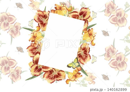 A vertical rectangular frame of red and yellow daylily flowers with green leaves and buds and butterflies on an isolated background, hand-painted in watercolor. Plant clip art with space for text. A vertical rectangular frame of red and yellow daylily flowers with green leaves and buds and butterflies on an isolated background, hand-painted in watercolor. Plant clip art with space for text. 140162899