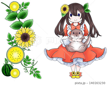 女の子とひまわりとカワウソと黄色スイカ　夏　イラスト素材 140163230