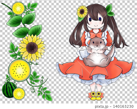 女の子とひまわりとカワウソと黄色スイカ　夏　イラスト素材 140163230