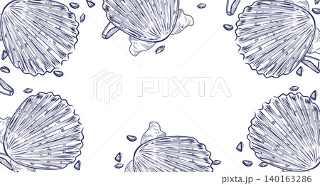 A rectangular vector frame of scallop-shaped seashells. All objects are hand-drawn with ink. The monochrome ink background is perfect for summer holiday decor and coastal settings. A rectangular vector frame of scallop-shaped seashells. All objects are hand-drawn with ink. The monochrome ink background is perfect for summer holiday decor and coastal settings. 140163286
