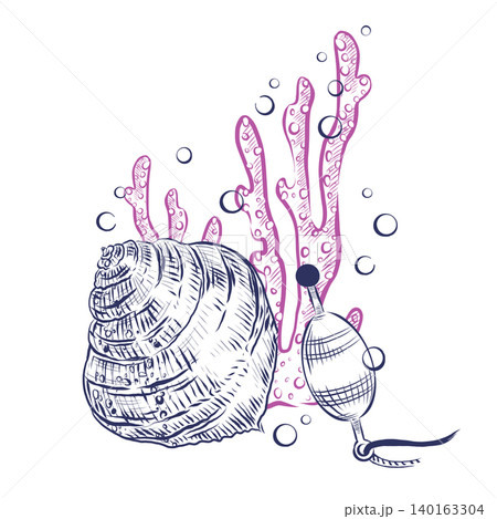 A vector composition featuring seashells, corals, and a fishing float. All objects are hand-drawn with ink. Suitable for summer vacation concepts and for designing packaging, products, and postcards. A vector composition featuring seashells, corals, and a fishing float. All objects are hand-drawn with ink. Suitable for summer vacation concepts and for designing packaging, products, and postcards. 140163304